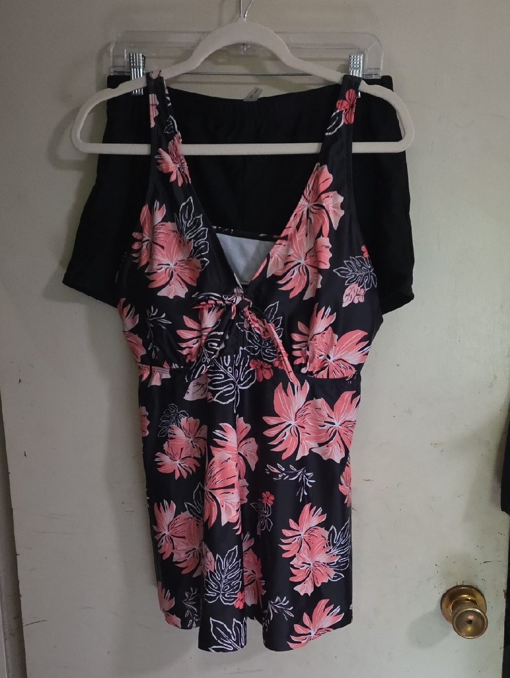 Black Floral Tankini With Swim Shorts-  Pink Hibiscus Print